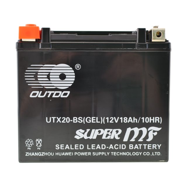 Bateria de moto YTX20-BS de gel, bateria de moto YTX20-BS vista de davant amb els dos borns