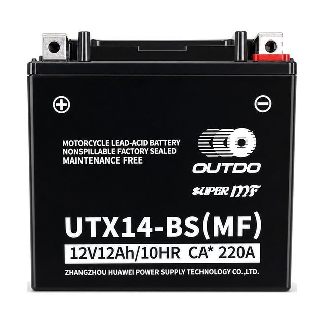 OUTDO UTX14-BS, bateria de moto YTX14-BS vista de davant amb els dos borns