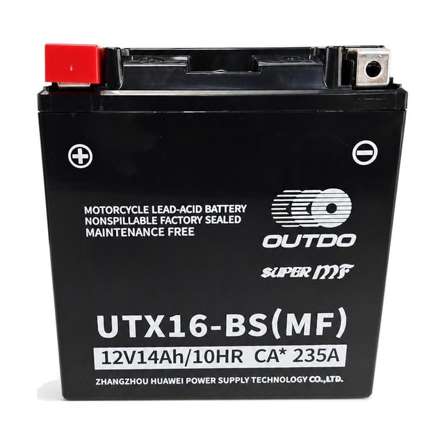 OUTDO UTX16-BS, bateria de moto YTX16-BS vista de davant amb els dos borns