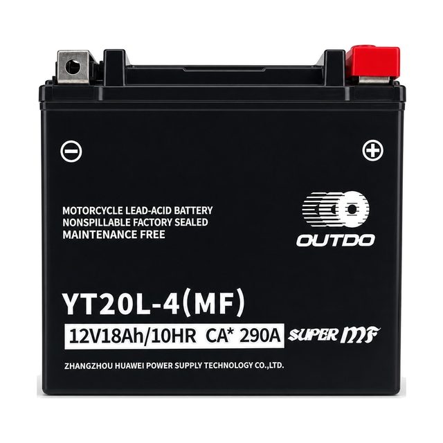 OUTDO YT20L-4, bateria de moto YTX20L-BS vista de davant amb els dos borns