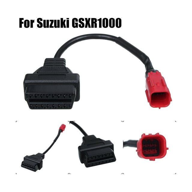Cable adaptador curt per a moto Suzuki amb connector vermell de 6 pins i presa OBD2 negra de 16 pins