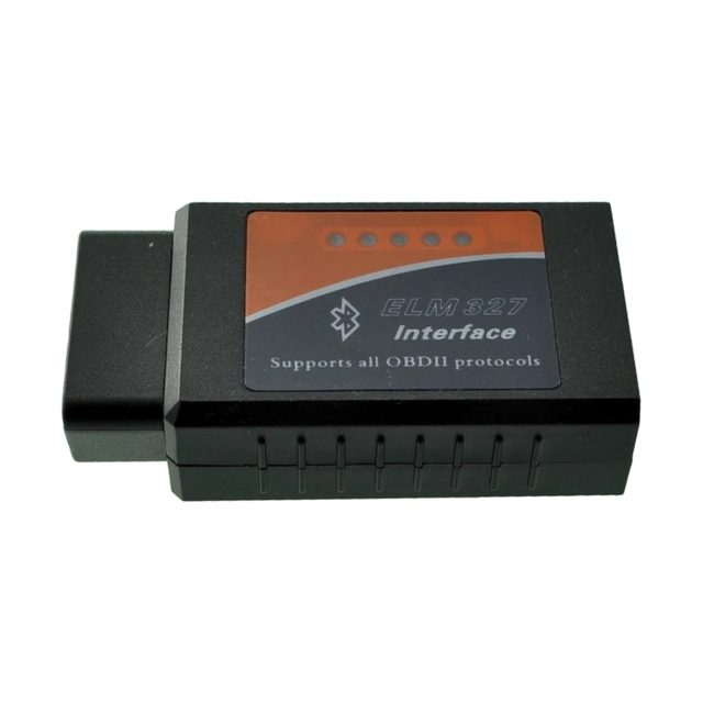 Adaptador ELM327 Bluetooth v1.5 negre amb etiqueta taronja i connector OBD2 de 16 pins