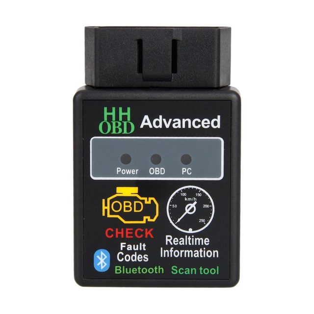 ELM327 Bluetooth «HH OBD Advanced» negre vist de front, amb els llums Power, OBD i PC