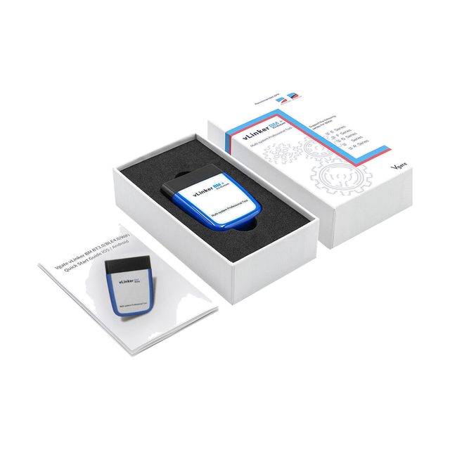 Vgate vLinker BM+ blau i blanc dins de la capsa oberta, al costat del manual