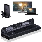 Soporte vertical para PS4 con ventilador y cargador de mandos en uso