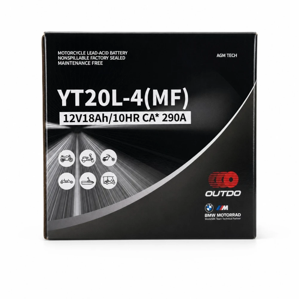 Bateria Moto AGM 12V 18Ah OUTDO YT20L-4(MF) - Compatible Yuasa YTX20L-BS / GTX20L-BS / ETX20L-BS / Y50-N18L-A