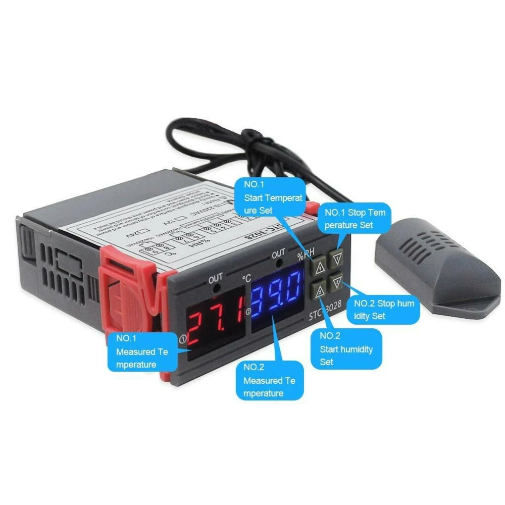 Controlador digital de temperatura y humedad STC-3028 instalado en un entorno de incubadora