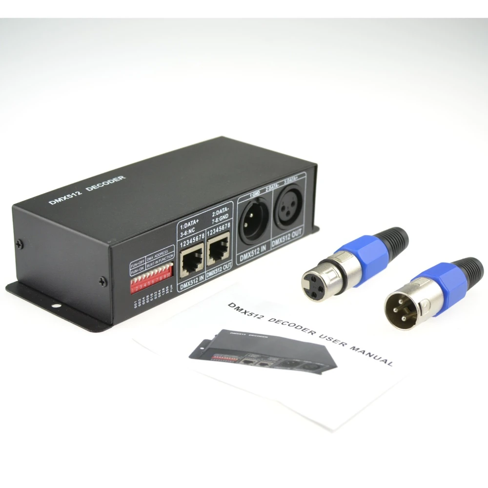 Controlador DMX512 para tiras LED RGB 12/24VDC con cables conectados