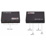 Vista lateral del divisor HDMI 1x4 Full HD satkit con etiqueta de especificaciones