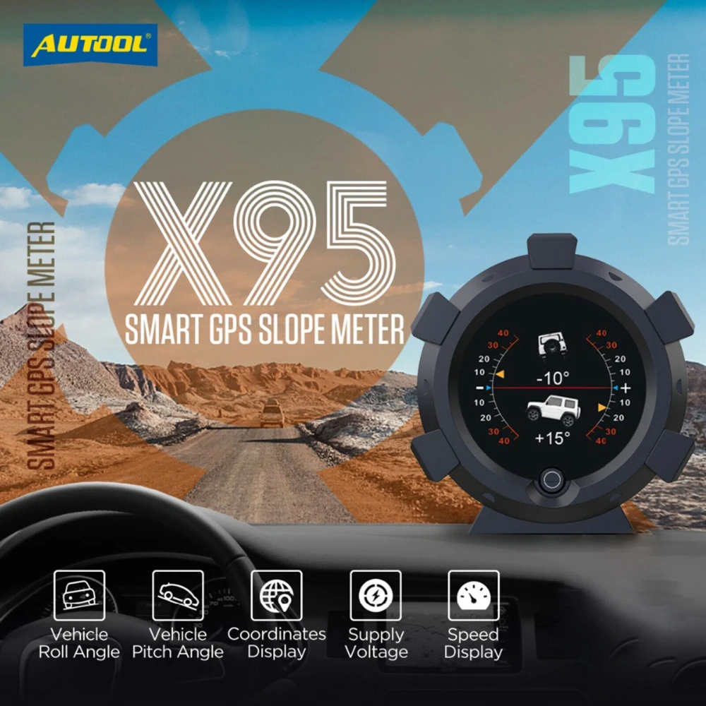 Pantalla LCD HD del inclinómetro Autool X95 mostrando información de viaje