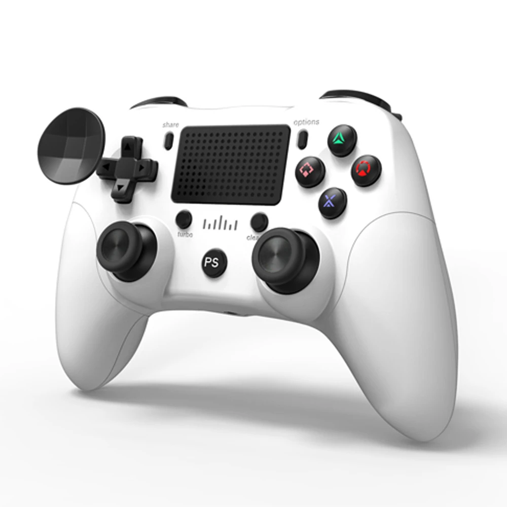 Vista frontal del mando compatible PS4 blanco con botones y joystick visibles