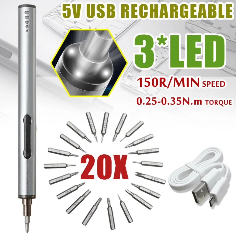Mini tornavís elèctric inalàmbric USB recarregable 3 LED multifunció 22en1 set