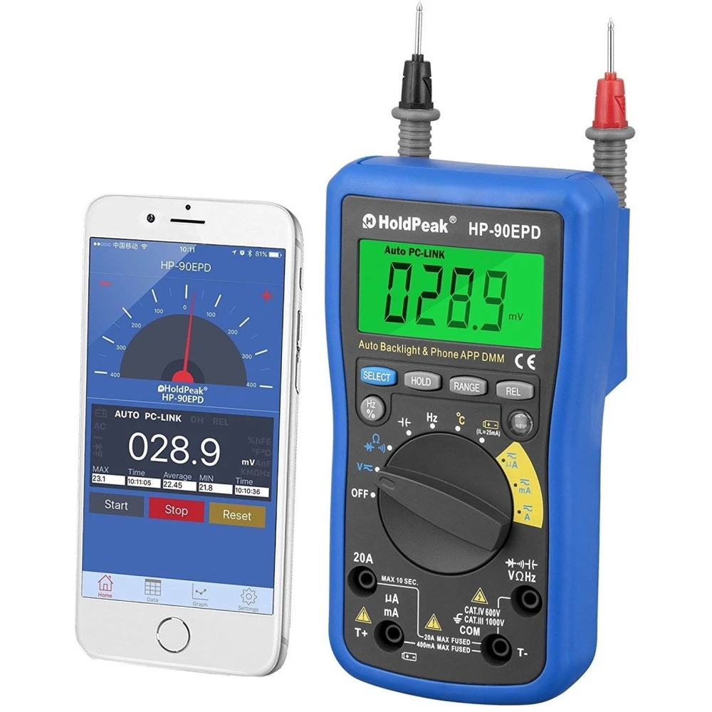 Multímetre digital HoldPeak HP-90EPD amb app i auto rang