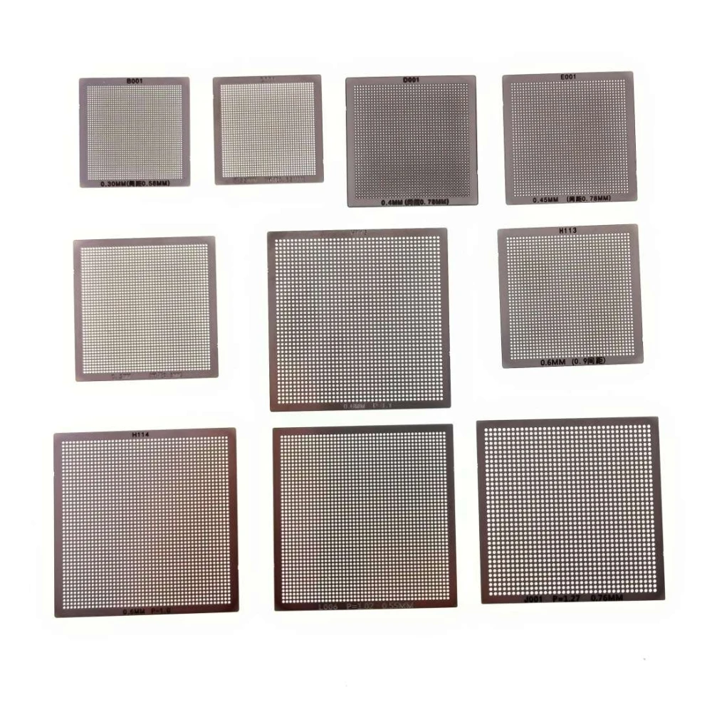 Pack 10 plantilles universals BGA reballing calor directe de 0,3 a 0,76 mm