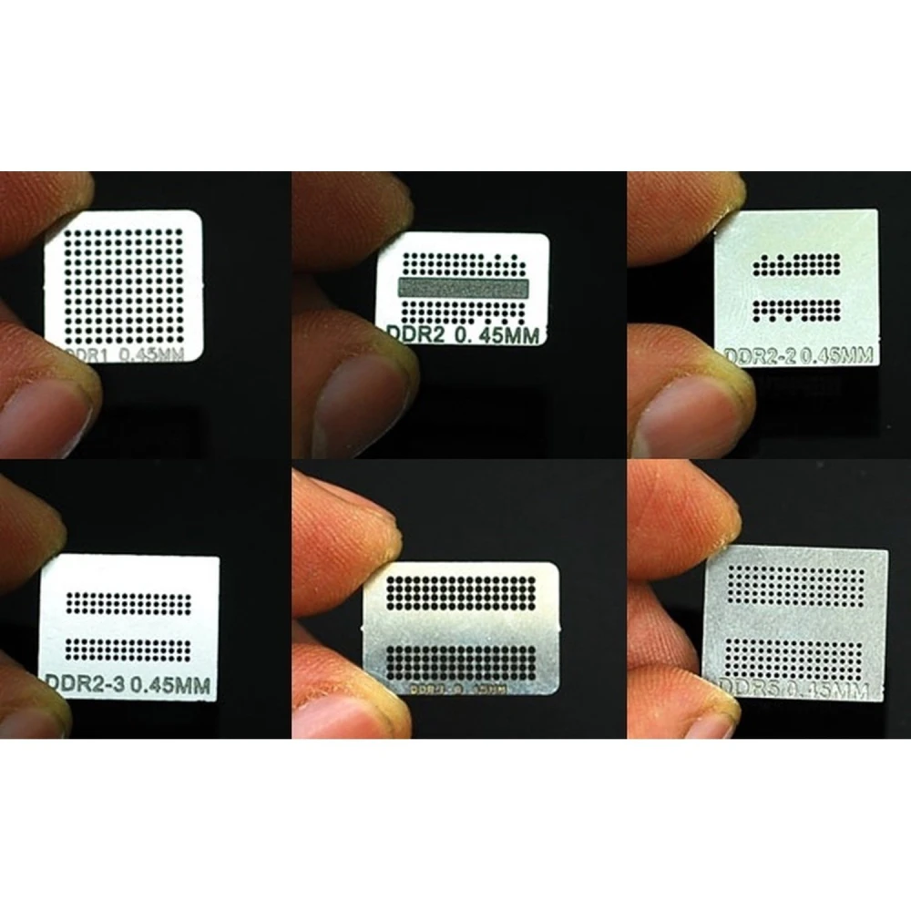 Pack 6 plantilles reballing per a xips memòria DDR, DDR2, DDR3 i GDDR5