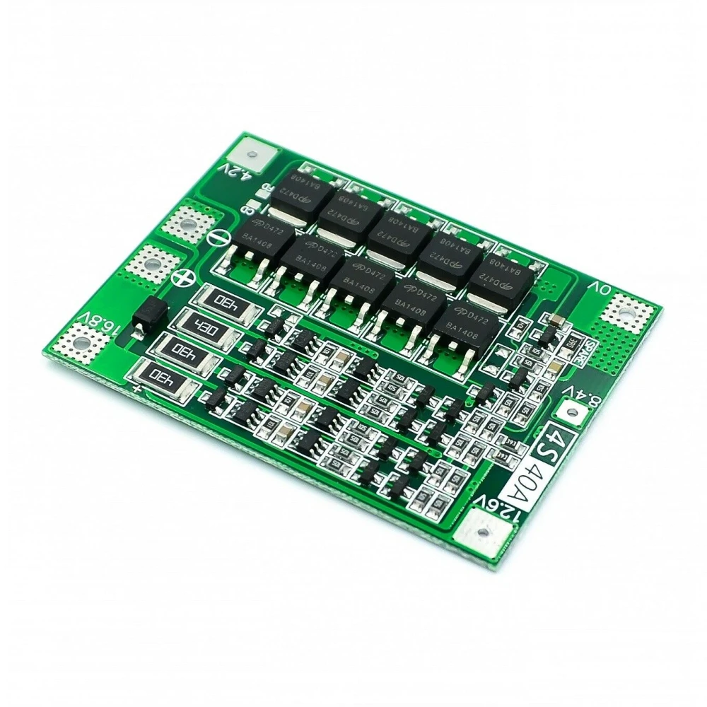 Detalle de la placa PCB de protección 4S 40A para baterías 18650 y polímero de litio