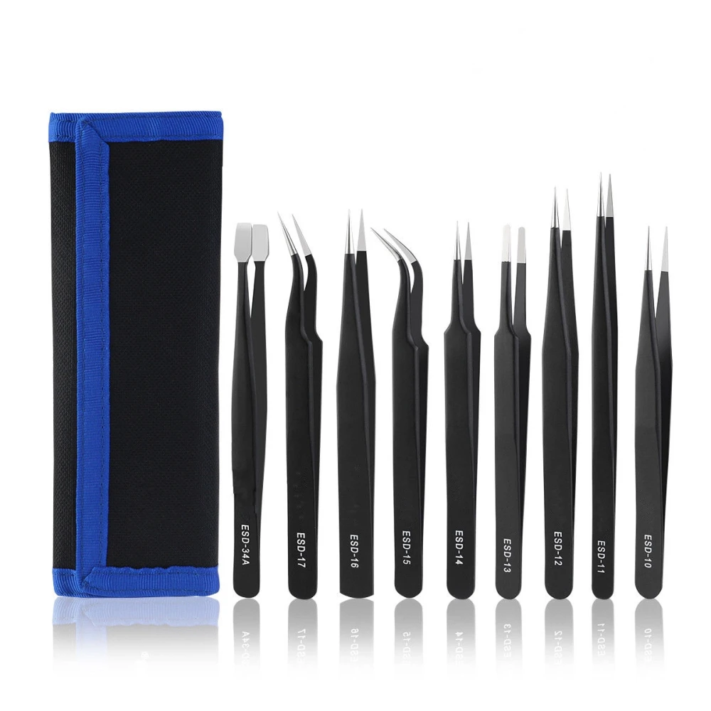 Set 9pc Pinces de Precisió Acer Inox amb Recobriment Antiestàtic TSX TOOL