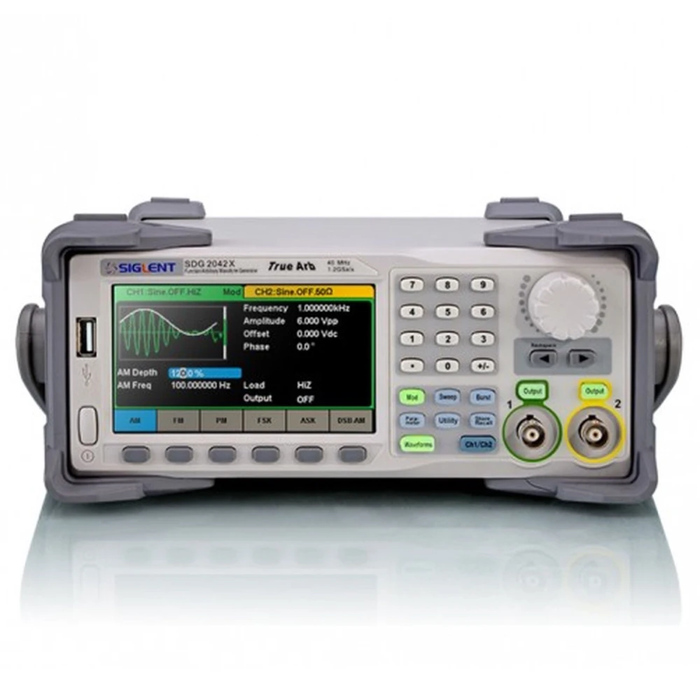 Vista frontal del generador Siglent SDG2042X mostrando controles y pantalla