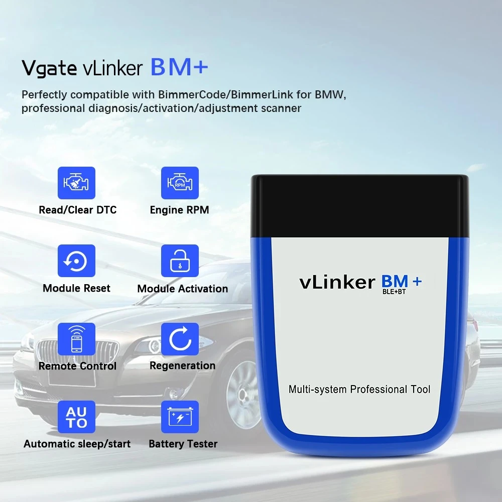 Vista del escaner Vgate vLinker BM+ para coches BMW y MINI